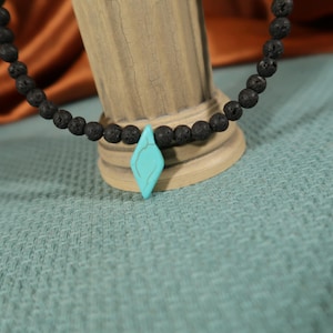 NECKLACE of SOLIDIFIED LAVA with Turquoise pendant binary Necklace of Volcanic Lava beads and copper beads, Unique one of a kind necklace
