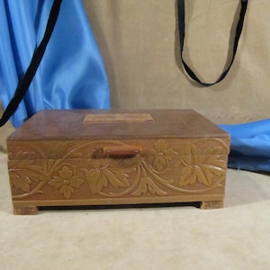 ANTIQUE DECORATIVE WOOD Box, Jewelry box with mirror blue velvet lining Rare type of Carved Box with floral design, antique Decorative box w