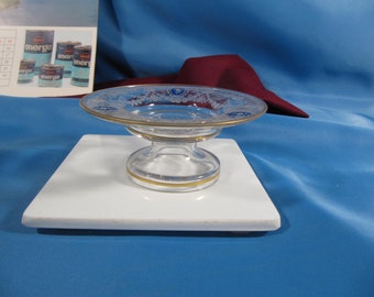 KLEINE VOETSTUK SCHOTEL, helder glas, 4 centimeter breed, Antieke helder glas schotel met gouden bekleding, Duitse Schotel, Candy Dish, Olive schotel, huishoudelijke artikelen