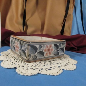 TONALA SQUARE DISH, Tonala Ceramic Stoneware Square with Floral Design,Mexico handpainted signed Mexico,Antique Handpainted Tonala dish