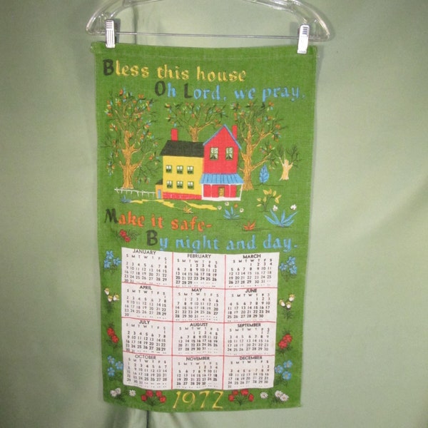 Bless This House 1972 Calendar, Vintage Linen Banner, Retro Wall Hanging, Calendar Tea Towel, Make It Safe By Night And Day, Calendar Towel