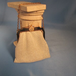 WHITE and DAVIS MESH Purse with Chain Handle and Rhinestone Clasp,White and Davis Metal mesh purse from the 1950s in Phenomenal Condition