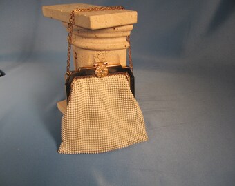WHITE and DAVIS MESH Purse with Chain Handle and Rhinestone Clasp,White and Davis Metal mesh purse from the 1950s in Phenomenal Condition