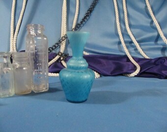 ART GLASS VASE,Blown Glass small bud vase,Sparkly Blue Abstract Stripe Design Glass Bottle,Vintage small Blown glass tic bottle blue stripes