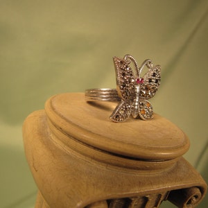 May include: A silver butterfly ring with black and white marquetry and a red gemstone in the center.