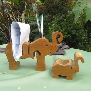 ELEPHANT DESK ACCESSORY,Antique desk accessory,Antique Wood desk set for paper and pens, Desk Paper holder of two wooden elephants sculpture