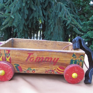 FOLK ART TOY Wagon, Small Antique Wooden Wagon Tommy, Hand painted Folk Primitive wooden small wagon with red wheels,Small childs pull wagon