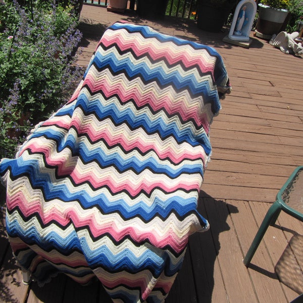 VINTAGE CROCHETED AFGHAN,Handmade Multi-Colored  Throw size Afghan, Handmade, handmade afghan,Vintage Afghan, 38 inch by 64 inch throw