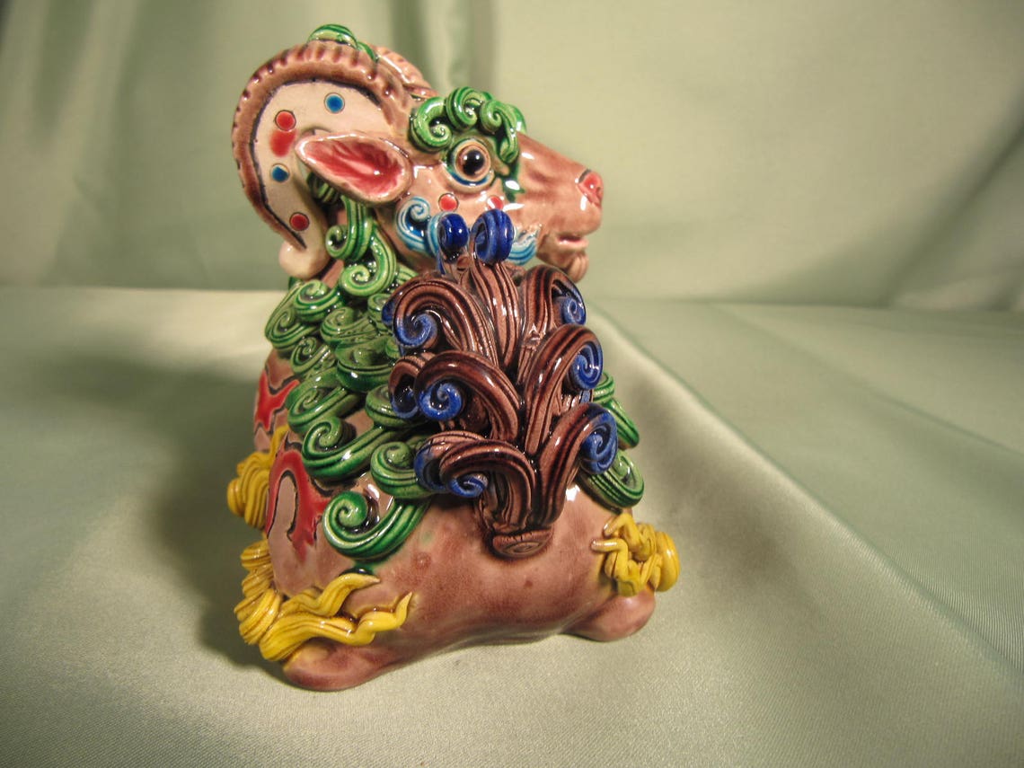 YEAR of THE GOAT Chinese Statue Cermaic colorful Asian art | Etsy