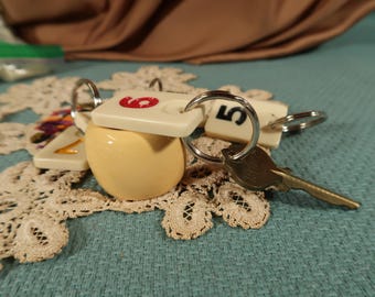 KEY RING with VINTAGE Rummikub Tile, Rummikub Tile Key-chain, Key-chain White Rummikub Tile, Vintage Rummikub Key-chain, Rummikub Key Chain