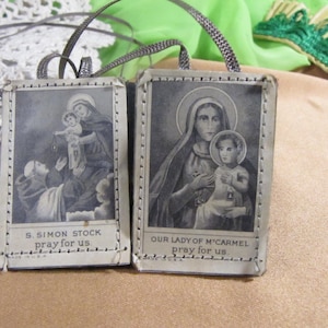 SCAPULAR SET, Saint Simon and Our Lade of Mount Carmel Antique Scapular necklace 21 inch religious Pray for us Scapular 2 sided