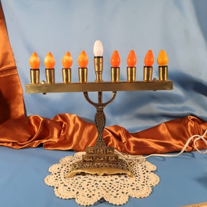 MENORAH by OPPENHEIM made in Israel, Brass and Patina 12 inch tall Meorah candle Stand, Made in Israel Menorah and Candle, Antique Menorah C
