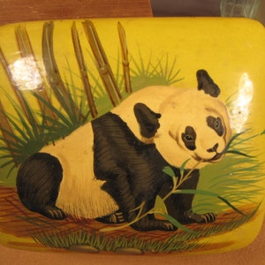 LACQURED WOOD BOX, Panda bear Small Storage box, made in India, Vintage 3 inch by 4 inch box, yellow box with Panda Bear and Bamboo design