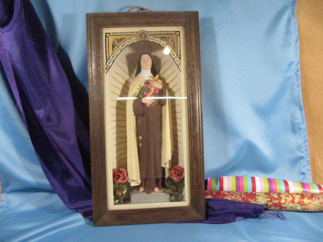 Saint Therese, Little Flower of Lisieux Framed Statue Behind Glass