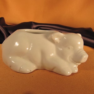 May include: A white ceramic piggy bank shaped like a pig lying down. The pig has a small snout and a slightly open mouth.