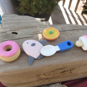 KAWAII PUZZLE ERASERS from Japan,spoon,fish,donut,ice creame pop,orange slice, 5 mini erasers fork,ice cream cone,mini erasers ice cream pop