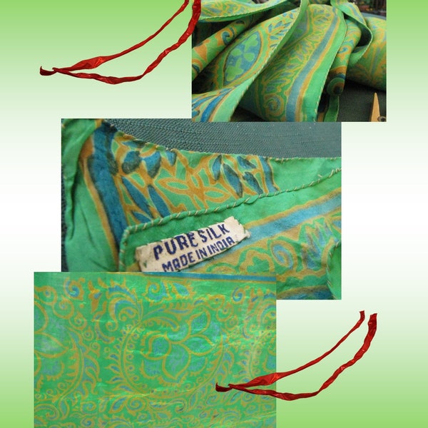 SILK SCARF of 100 PERCENT silk, 22 inch by 70 inch silk scarf,Silk Vintage unisex Long Scarf,Emerald  100 percent ladies green silk scarf