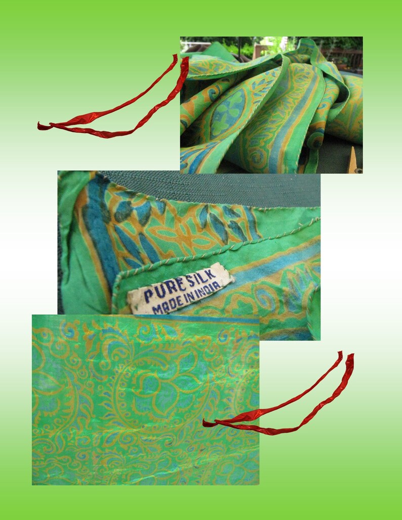 Może przedstawiać: Zielono-niebieski jedwabny szal z wzorem paisley. Szal ma metkę z napisem "Pure Silk Made in India".