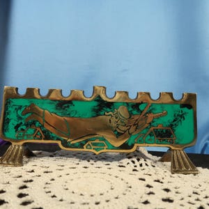 VINTAGE MCM MENORAH made in Israel, Brass and Patina 9 inch wide Menorah candle Stand, Made in Israel Menorah and Candle, Mid Menorah Candle