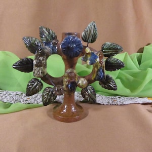 TREE of LIFE Mexican Candelabra with muted colors of brown green and blue, Bird and leaves Candle Holder from Mexico Tree of Life Candelabra