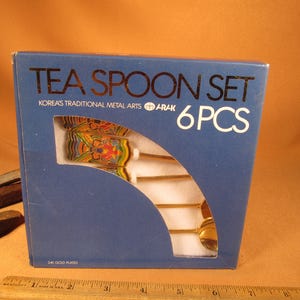 24K GOLD PLATED TEASPOONS, Arak 6 Piece Korean Teaspoon set, Still in Box 6 vintage teaspoons, Gold Plated, Koreas Traditional Metal Arts