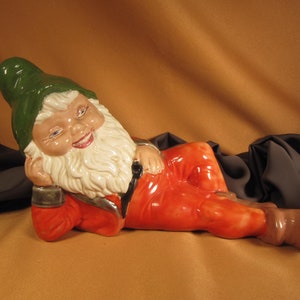 INDOOR GNOME GARDEN, Ceramic recliningGnome ,Gnome Statue hand painted Ceramic Indoor Garen Gnome Efl,Orange and green indoor Garden elf