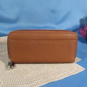 CARTERA DE CUERO GRANDE, New Old Stock Cartera de cuero azul para damas grandes, monedero con cremallera para muchas tarjetas de crédito, color camel