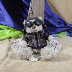 RED BARRON TEDDY Bear, 9 inch red Baron Airplane Piolet 1920 Helmet goggles, Bomber jacket Airplane pilot Stuffed animal