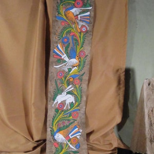 Vintage Amate Mexican Folk Art Painting, Neon Colors with Peacocks, Mexican Folk Art Painting