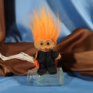 HALLOWEEN TROLL DOLL, Black Cat Droll Doll Orange hair,Troll,Russ Doll vintage Troll troll doll for Halloween, seasonal Troll for oct 31 hal