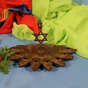 ANTIQUE MENORAH made in Israel, solid Brass Lamp Oil  Menorah candle Stand, Made in Israel Menorah and Candle, Antique Menorah