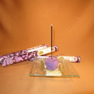 REPURPOSED INCENSE HOLDER, Purple Lovers Incense holder with purple sand, glass dish, Vintage glass dish and three packs of lavender Incense