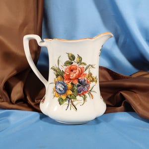 ITALIAN ILCAS PITCHER, Italian Pottery Vase 7 inch tall ceramic pitcher th pink rose, Italian Ceramic Pitcher with Florentine Design on Vase