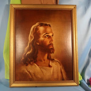 Jesus Christ by Warner Sallman Lithograph - Kriebel & Bates on antique wood Frame, 23 inch Jesus Litho Christ by Warner Sallman