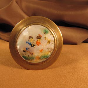 BRASS and MOTHER of PEARL Antique Small Round Box, Persian Painting on Shell Pill Box, Brass Compact with mirror,Round Metal Box lid, round