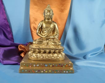GOLDEN MEDITATION BUDDHA  sitting Buddha Statue, Buddha in Sitting Meditation on Golden sequin Pedestal, Buddha with folded hands in Lap