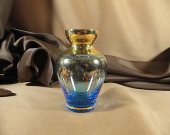 ART GLASS VASE,Blown Glass small bud vase,Sparkly Blue Abstract Stripe Design Glass Bottle,Vintage small Blown glass tic bottle blue stripes