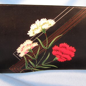 LACQUERED JAPAN JEWELRY Box, Multi compartment felt lined vintage box made in Japan, refurbished Multi drawer 7 inch wide floral trinket box