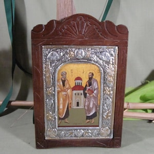 BYZANTINE SAINT PETER Saint Paul Antique wood Plaque with metal, rare wood framed Christian Orthodox Greek Wood framed Plaque made in Greece