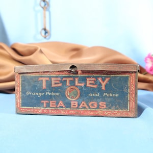 ANTIQUE TEA BOX,Tetley Orange Pekoe and Pekoe Tea Bags tin Box,Tin Rectangle box,Antique Tin Tea Box,Antique Contai for tea,Antique tea Tin,