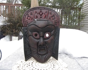 MASCHERA MURALE ANTICA, legno indonesiano, maschera di arte popolare, parete maschera di arte popolare indonesiana appesa, Thailandia come maschera ballerina, maschera intagliata in legno wARRIOR