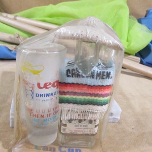 CANCUN MEXICO TEQUILA Vintage Bottle,Empty Mexican Tequila Glass Bottle,Orendain empty Tequila Bottle  Serape and shot glass cancun souvenir
