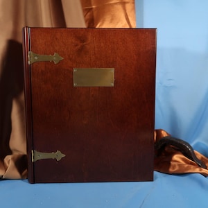 Bombay Company 1991 Keepsake Book Shaped Wooden Large Box Mahogany Brass Hardware, Book Shaped wood decorative table top box with plaque