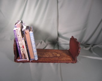 FOLK ART BOOK Shelf, Hand Caved Made Wood Book tray, Folk Art Style Book Stand made entirely of wood, Antique Folk Art wood book ends stand