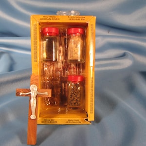 CROSS of OLIVE WOOD with Holy Water Jordon River Water and Frankincense from Jerusalem, Three piece collection from Jerusalem still in Box