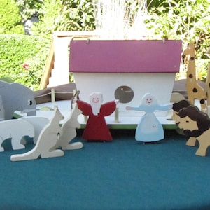 NOAH&#39;S ARK and ANIMALS for Children Folk Art Handmade wood collection, 6 sets of Animals ark Noah,Wood Carved Noah&#39;s Ark Display set, Antiqu