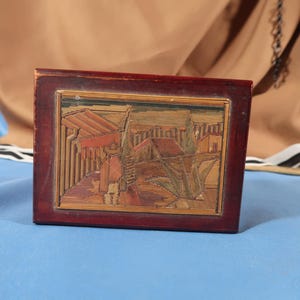 MEXICAN FOLK ART, Miniature Mexican Trinket box, Handmade Mexican miniature Mexican Inlay box, Mexican Farmer Folk are Miniature Box