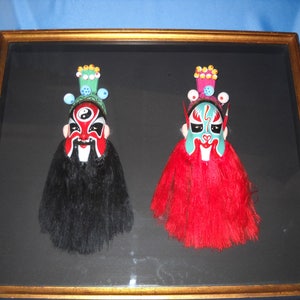 CHINESE OPERA MASKS, two Chinese Opera masks with the Ying Yang Symbol, Glass enclosed Ying Yang Maks from China, Two Miniature Opera Masks