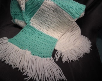 CROCHETED SCARF, Hand Crocheted Scarf, Mint Green and white Scarf, Unisex handmade Scarf, Handmade  Scarf, Hand Crocheted Mint green white