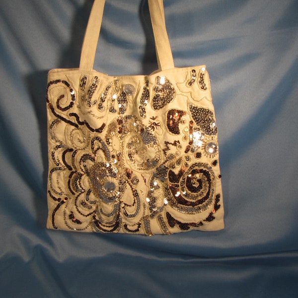 SEQUIN CANVAS TOTE Tasche, mittlereR FashionExpress, weiße Einkaufstasche Pailletten auf einer Seite, Silber und Schokolade braun Pailletten in Leinwand Tote